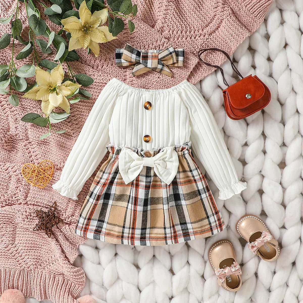 2024 New Baby Girls Autumn Long Sleeve With Bow Plaid Fahion  Cute Dress