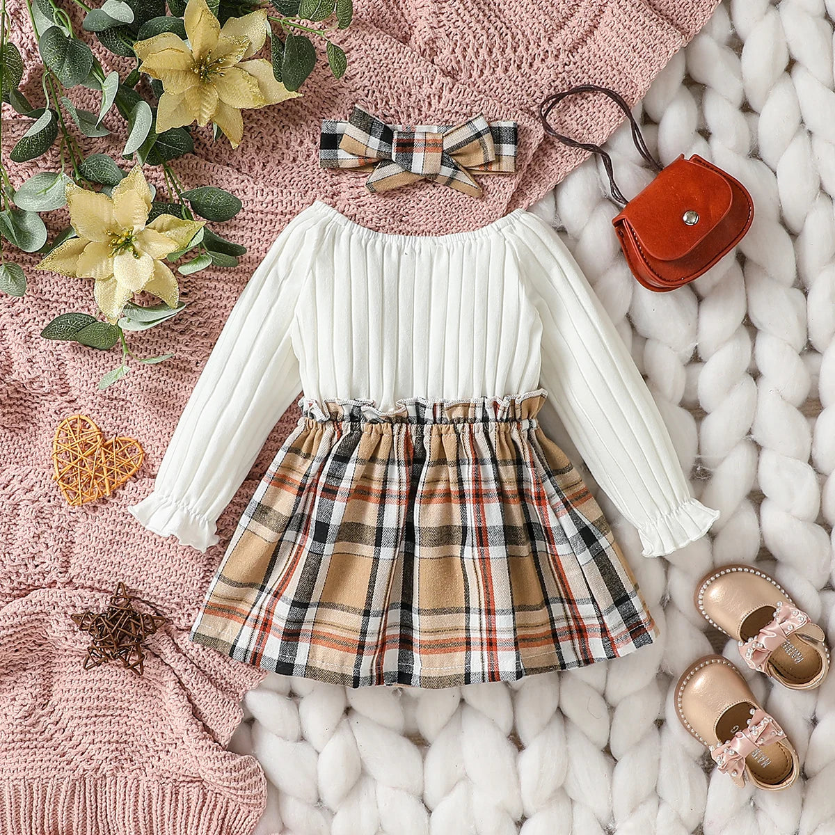 2024 New Baby Girls Autumn Long Sleeve With Bow Plaid Fahion  Cute Dress